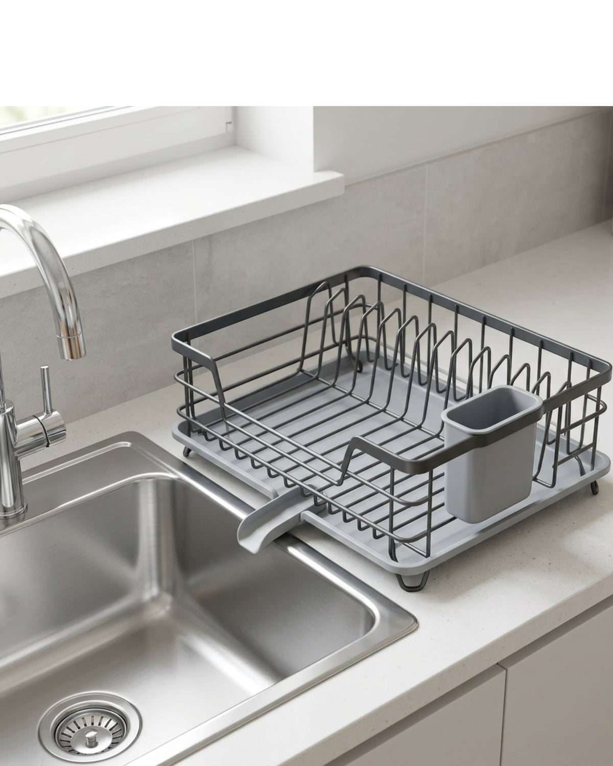 Roomd Single-Level Dish Draining Rack with Pivot Spout Graphite - Lifestyle view