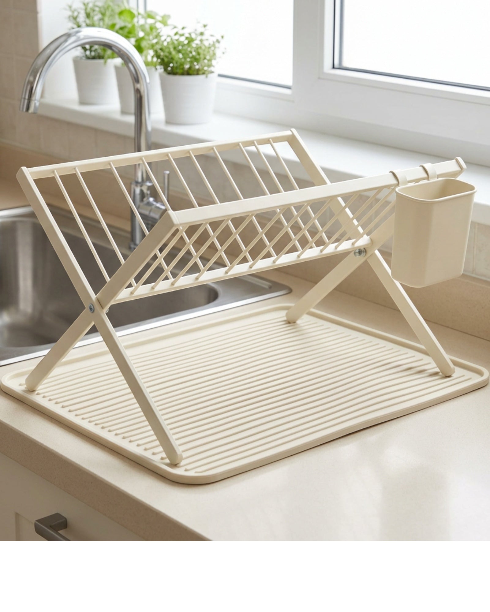 Roomd Folding X-Frame Dish Draining Rack with Silicone Mat Cream - Lifestyle view